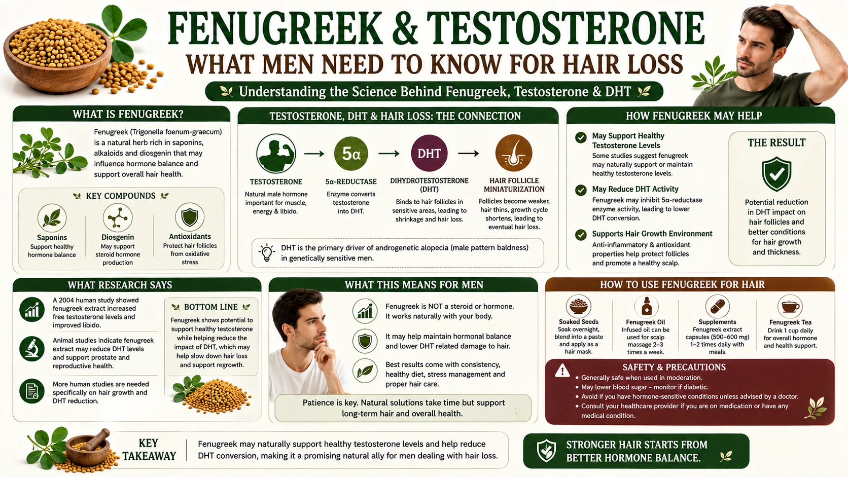 Infographic explaining fenugreek effect on testosterone and DHT in men using it for hair loss