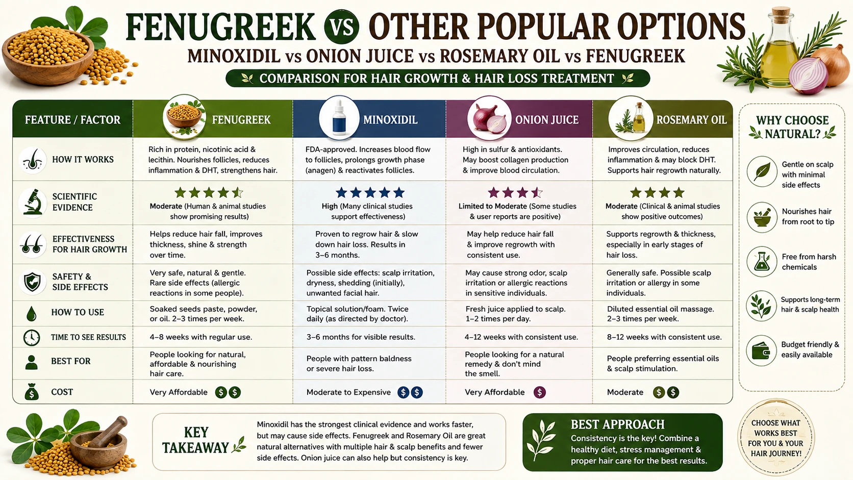 Comparison infographic of fenugreek versus minoxidil onion juice and rosemary oil for hair loss treatment