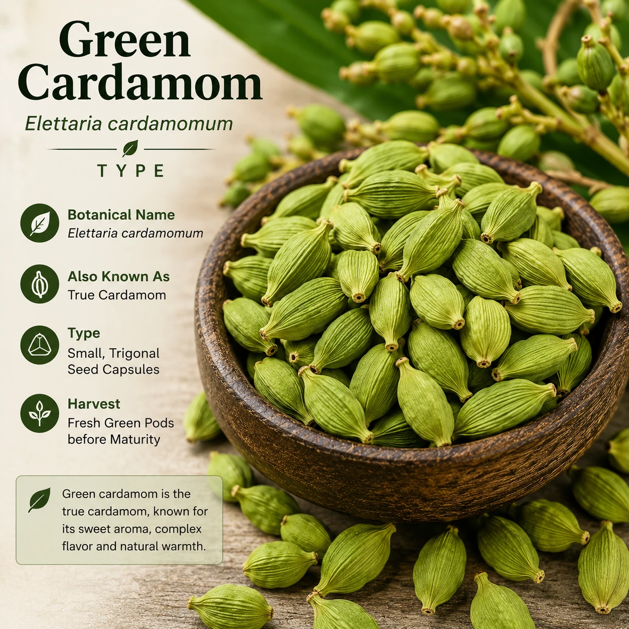 Green cardamom pods Elettaria cardamomum fresh harvest small trigonal capsules — green cardamom type