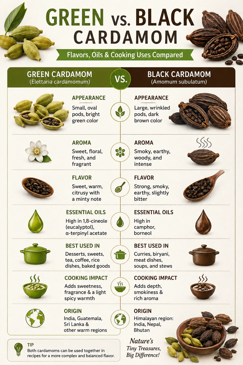 Green vs black cardamom infographic — flavor, oils, and cooking uses compared