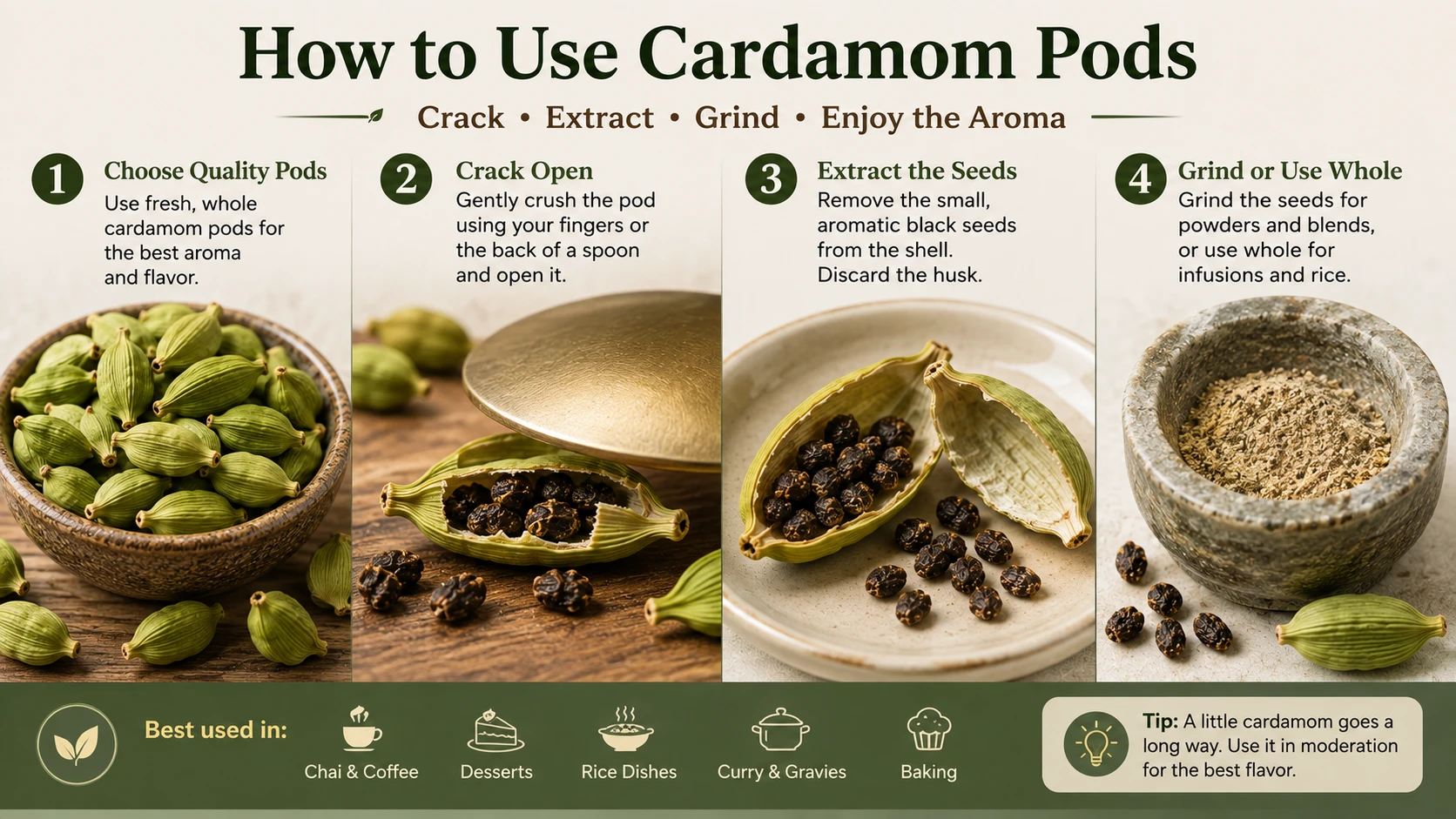 How to use cardamom pods — cracking open, extracting seeds, grinding — cardamom cooking technique step by step
