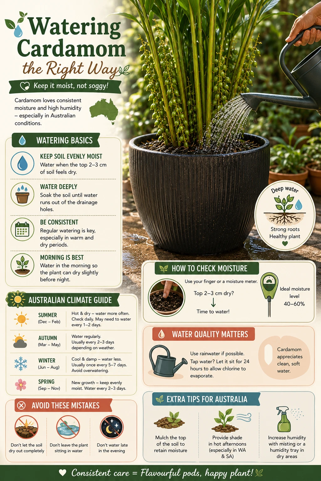 Watering a cardamom plant correctly in an Australian garden