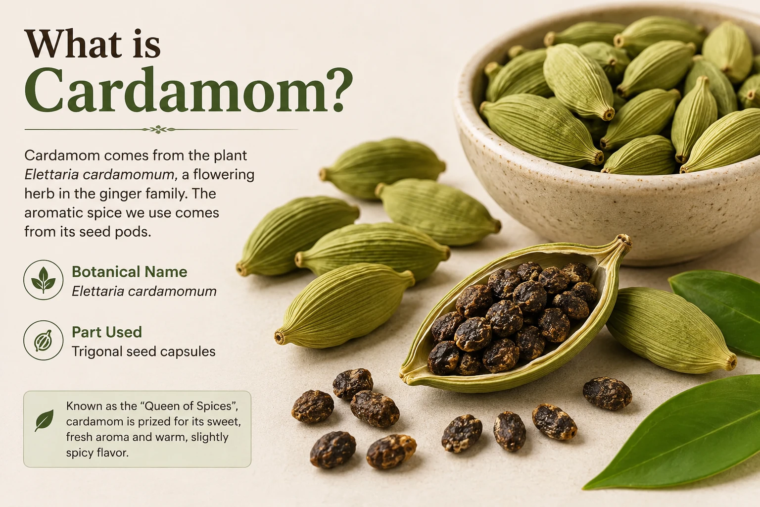 Green cardamom pods Elettaria cardamomum trigonal seed capsules and dark aromatic seeds — what is cardamom definition