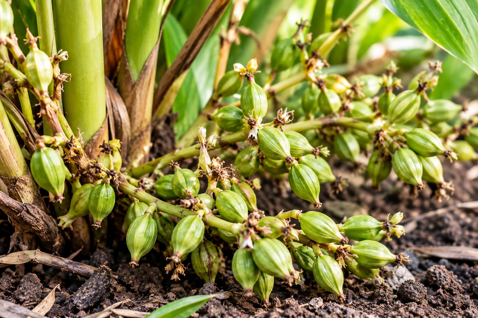 Green cardamom seed pods on prostrate panicle stems at soil level showing trigonal capsule shape