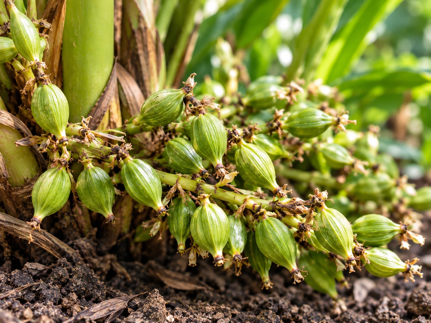 Close-up of green cardamom seed pods on prostrate panicle stem