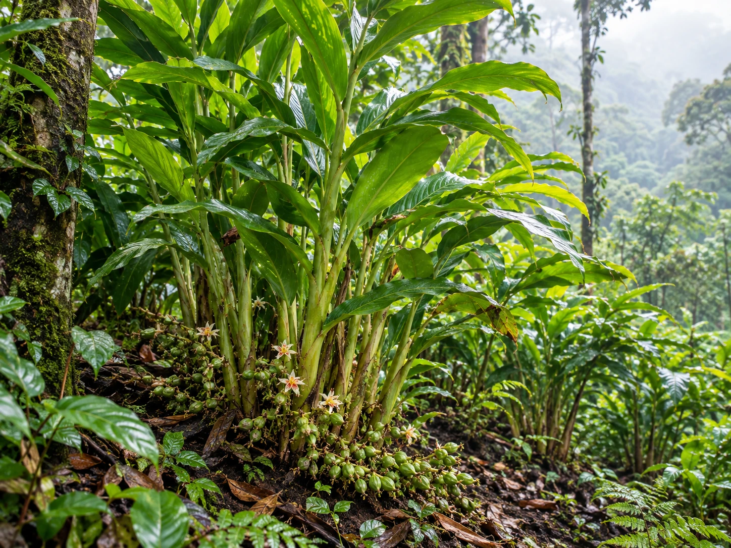 Cardamom plant growing in Kerala Western Ghats rainforest natural habitat