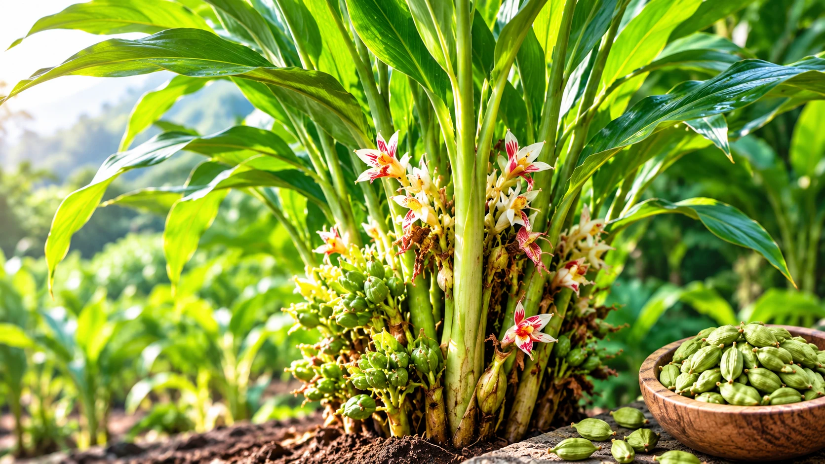 Tall cardamom plant with lance-shaped leaves on non-woody pseudostems in natural forest habitat