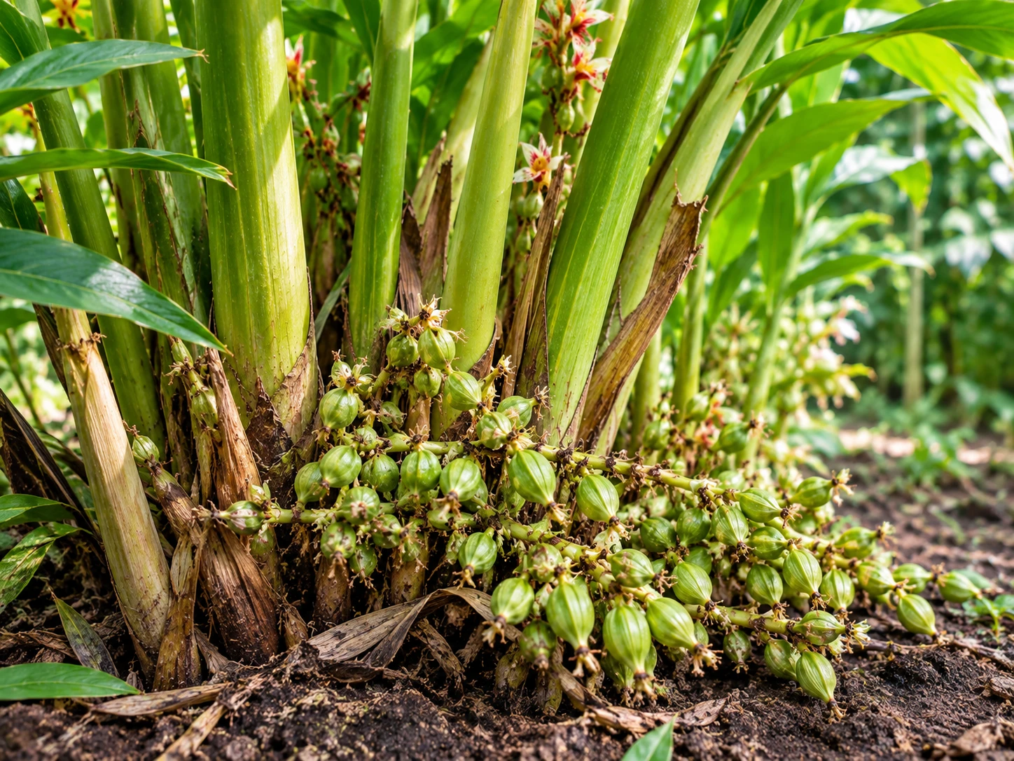 Cardamom plant with green seed pods growing at ground level while tall pseudostems rise above