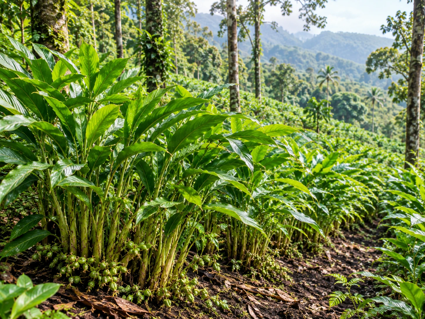 Green cardamom plants in commercial plantation Kerala India
