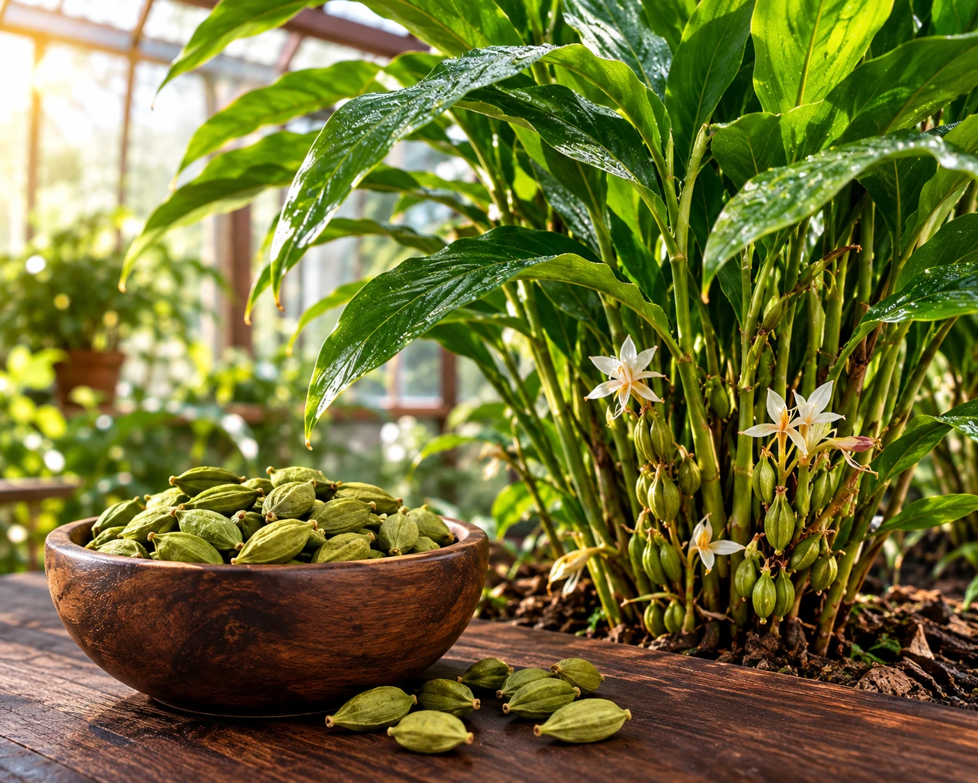 Cardamom growing in heated conservatory with lush green leaves