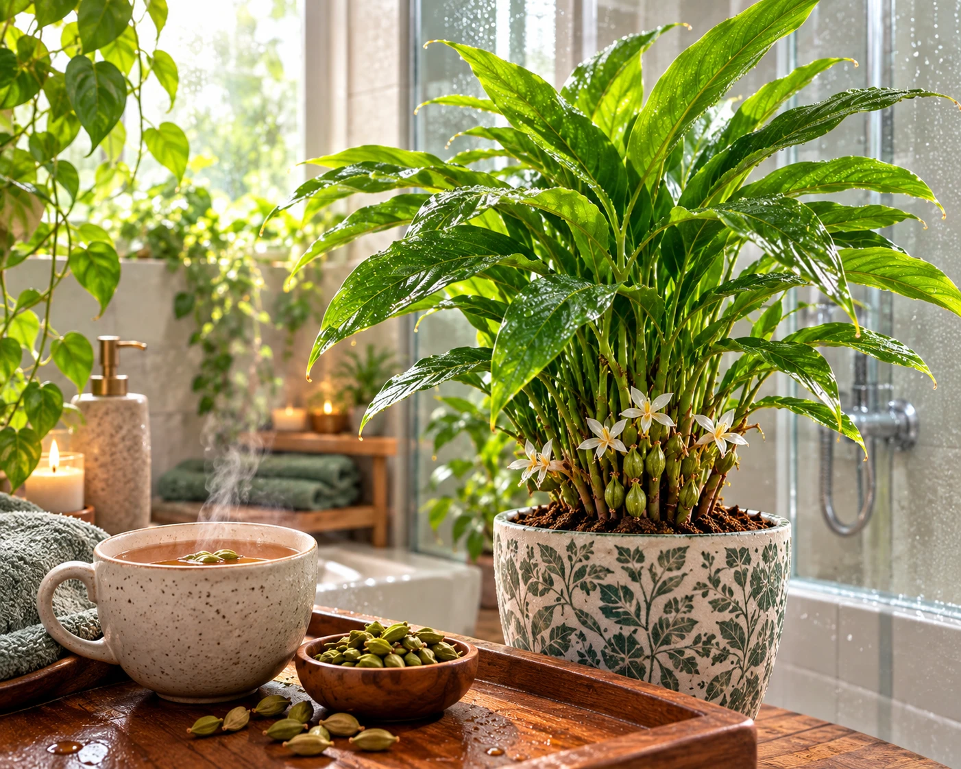 Cardamom plant in bright humid bathroom with filtered light