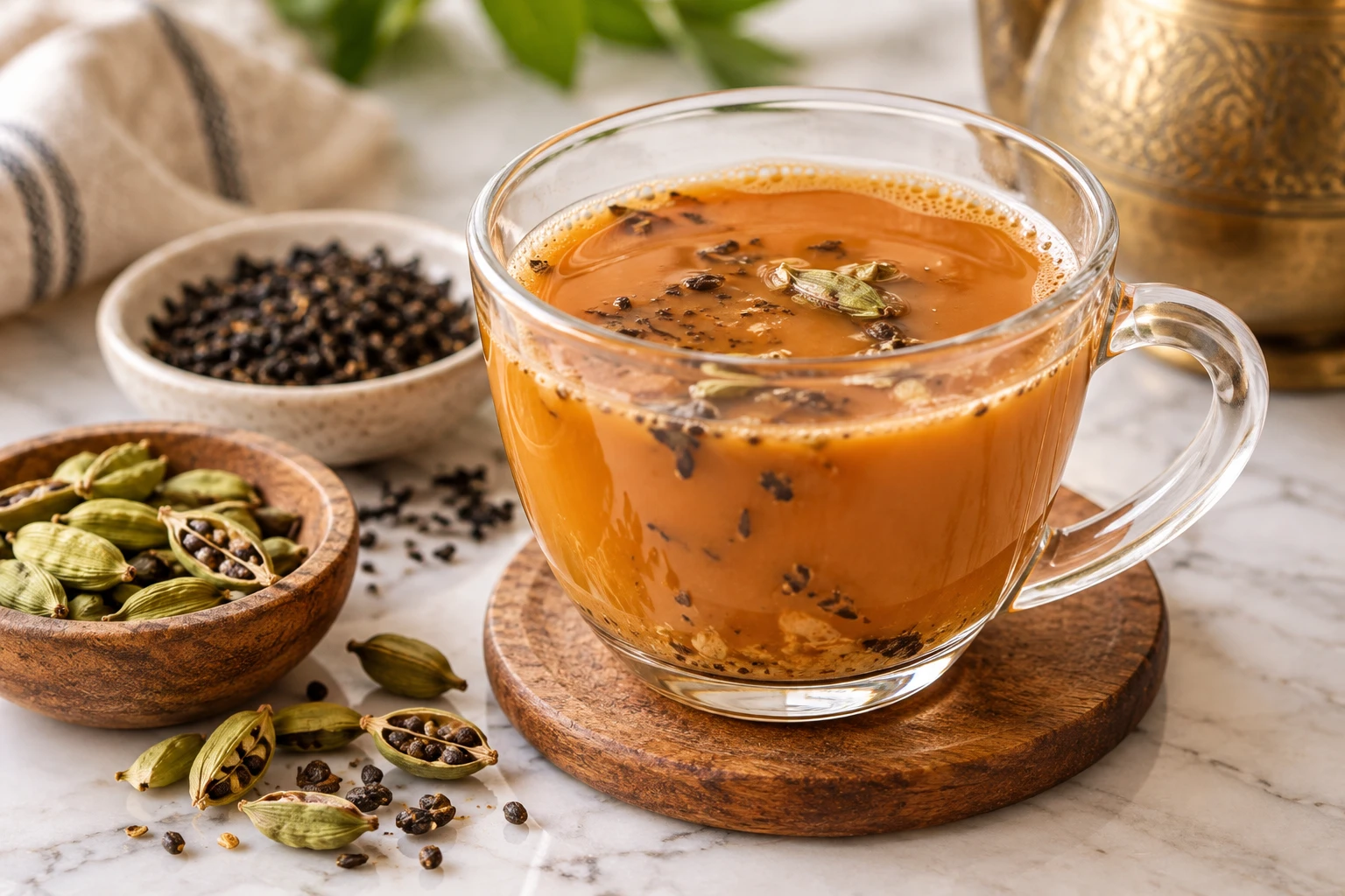 Cardamom chai tea brewed with whole crushed pods showing rich amber colour in a glass cup