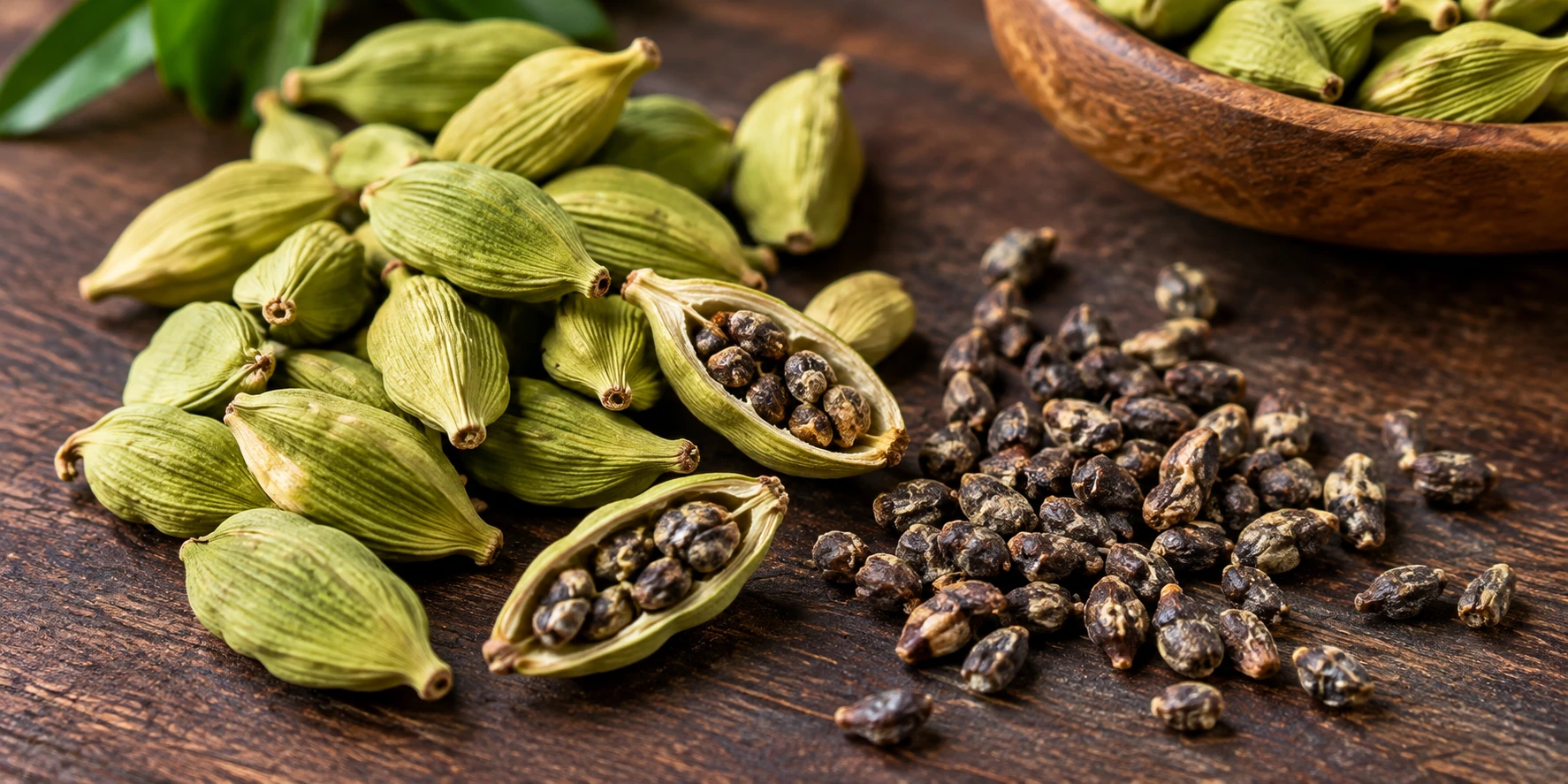 Green cardamom pods split open next to loose cardamom seeds on a dark wooden board