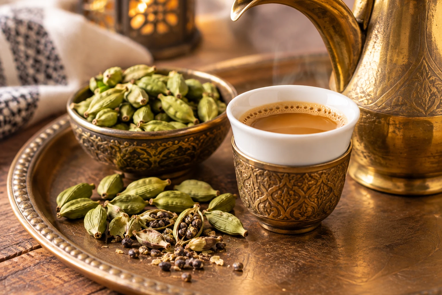 Arabic qahwa coffee served with crushed green cardamom pods